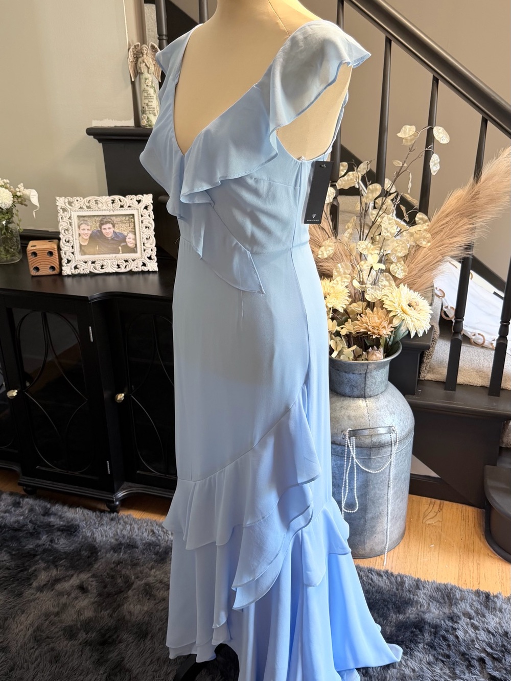 NWT lulus CHARMING EVENT Light Blue Asymmetrical Ruffle Maxi Dress Small - Picture 6 of 9